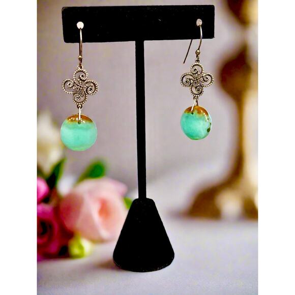 Green Brown Chrysoprase Round Dangle Sterling Silver Earrings 2” Long - Picture 3 of 7